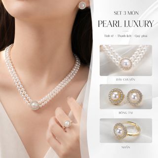 Set trang sức nữ ngọc trai 3 món – dây chuyền, bông tai, nhẫn phong cách quý phái