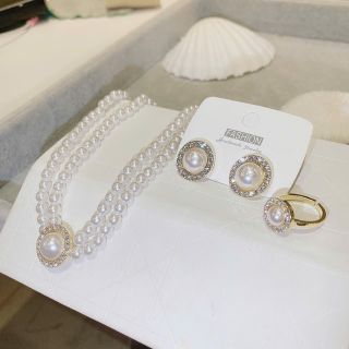 Set trang sức nữ ngọc trai 3 món – dây chuyền, bông tai, nhẫn phong cách quý phái