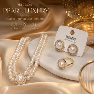 Set trang sức nữ ngọc trai 3 món – dây chuyền, bông tai, nhẫn phong cách quý phái