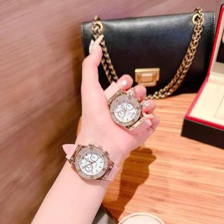 Đồng hồ nữ mặt tròn viền đá, thiết kế 3 núm 4 màu nâu - trắng - đen - hồng Davena 3 Núm