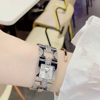 Đồng hồ nữ mặt vuông đính đá, dây xích kim loại 2 màu vàng - trắng Gossie Xích Vuông