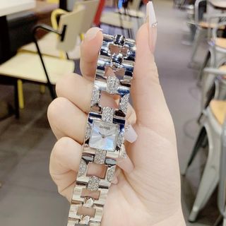 Đồng hồ nữ mặt vuông đính đá, dây xích kim loại 2 màu vàng - trắng Gossie Xích Vuông