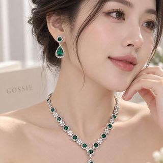 Set trang sức nữ giọt nước đá xanh lục bảo viền đá sang trọng Set Giọt Nước Xanh Lục Bảo