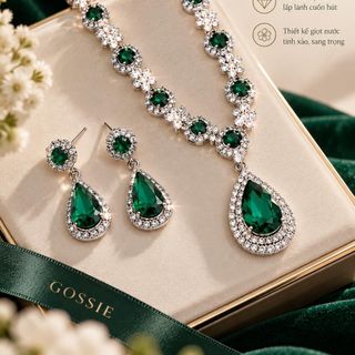 Set trang sức nữ giọt nước đá xanh lục bảo viền đá sang trọng Set Giọt Nước Xanh Lục Bảo