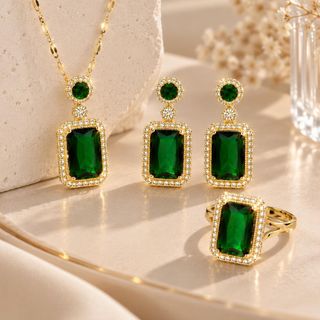 Set trang sức nữ đá xanh lục dáng chữ nhật sang trọng Lục Bảo Hy Vọng