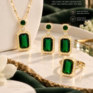 Set trang sức nữ đá xanh lục dáng chữ nhật sang trọng Lục Bảo Hy Vọng