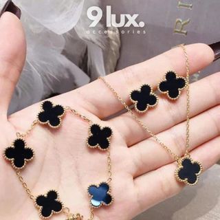 Set trang sức nữ cỏ bốn lá màu đen, viền vàng sang trọng Clover Noir