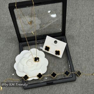 Set trang sức nữ cỏ bốn lá màu đen, viền vàng sang trọng Clover Noir