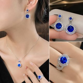 Set trang sức nữ đá xanh sapphire viền đá hào quang sang trọng Set Hào Quang Xanh