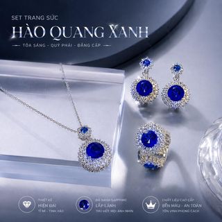 Set trang sức nữ đá xanh sapphire viền đá hào quang sang trọng Set Hào Quang Xanh