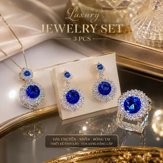 Set trang sức nữ đá xanh sapphire viền đá hào quang sang trọng Set Hào Quang Xanh