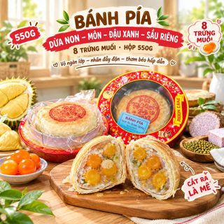 🥮 BÁNH PÍA DỪA NON MÔN ĐẬU SẦU RIÊNG 8 TRỨNG MUỐI – HỘP 550G