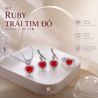 Set trang sức nữ đá ruby trái tim đỏ viền đá sang trọng Set Ruby Trái Tim Đỏ