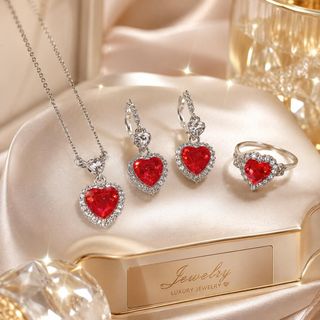 Set trang sức nữ đá ruby trái tim đỏ viền đá sang trọng Set Ruby Trái Tim Đỏ