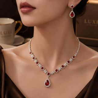 Set trang sức nữ đá đỏ dáng giọt nước sang trọng Hồng Ngọc Liên Hoa
