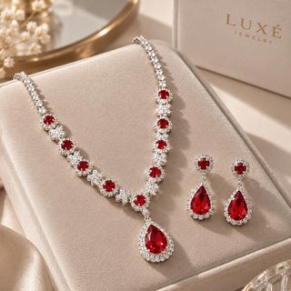 Set trang sức nữ đá đỏ dáng giọt nước sang trọng Hồng Ngọc Liên Hoa