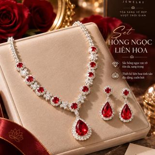 Set trang sức nữ đá đỏ dáng giọt nước sang trọng Hồng Ngọc Liên Hoa