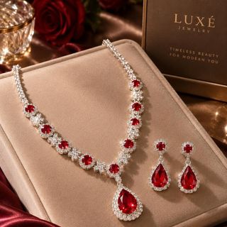 Set trang sức nữ đá đỏ dáng giọt nước sang trọng Hồng Ngọc Liên Hoa