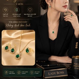 Set trang sức nữ đá xanh giọt lệ viền đá sang trọng mạ vàng Set Giọt Lệ Hoàng Kim