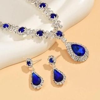 Set trang sức nữ đá xanh lam giọt nước viền đá sang trọng Set Lam Ngọc Hoàng Gia