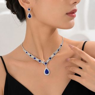Set trang sức nữ đá xanh lam giọt nước viền đá sang trọng Set Lam Ngọc Hoàng Gia