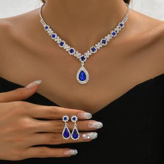Set trang sức nữ đá xanh lam giọt nước viền đá sang trọng Set Lam Ngọc Hoàng Gia