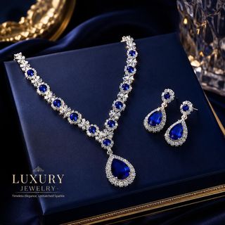 Set trang sức nữ đá xanh lam giọt nước viền đá sang trọng Set Lam Ngọc Hoàng Gia