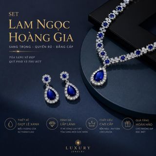 Set trang sức nữ đá xanh lam giọt nước viền đá sang trọng Set Lam Ngọc Hoàng Gia
