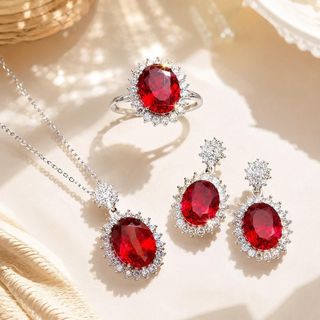 Bộ trang sức nữ đá hồng ngọc đỏ dáng oval, viền đá trắng sang trọng Set Hồng Ngọc