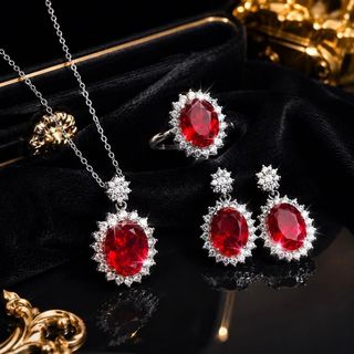 Bộ trang sức nữ đá hồng ngọc đỏ dáng oval, viền đá trắng sang trọng Set Hồng Ngọc
