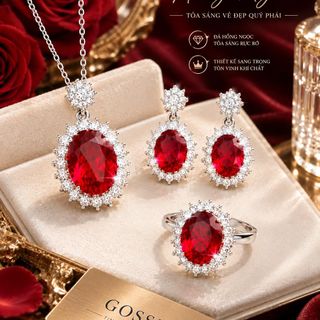 Bộ trang sức nữ đá hồng ngọc đỏ dáng oval, viền đá trắng sang trọng Set Hồng Ngọc