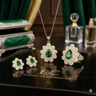 Set trang sức nữ đá lục bảo giọt lệ, viền đá hoa sang trọng Set Lục Bảo