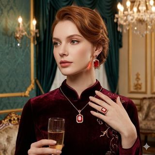 Set trang sức nữ đá ngọc hồng đỏ dáng chữ nhật cổ điển, viền đá sang trọng Ngọc Hồng Cổ Điển
