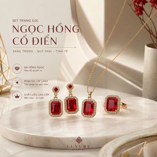 Set trang sức nữ đá ngọc hồng đỏ dáng chữ nhật cổ điển, viền đá sang trọng Ngọc Hồng Cổ Điển