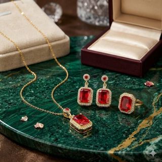 Set trang sức nữ đá ngọc hồng đỏ dáng chữ nhật cổ điển, viền đá sang trọng Ngọc Hồng Cổ Điển