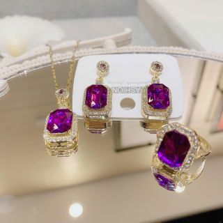 Set trang sức nữ đá tím viền đá sang trọng mạ vàng Set Tím Hoàng Kim