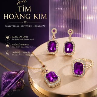 Set trang sức nữ đá tím viền đá sang trọng mạ vàng Set Tím Hoàng Kim