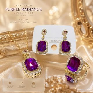 Set trang sức nữ đá tím viền đá sang trọng mạ vàng Set Tím Hoàng Kim