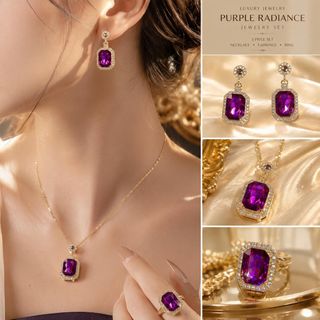 Set trang sức nữ đá tím viền đá sang trọng mạ vàng Set Tím Hoàng Kim