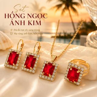 Set trang sức nữ đá đỏ ánh kim dáng chữ nhật, viền đá sang trọng Hồng Ngọc Ánh Kim