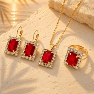 Set trang sức nữ đá đỏ ánh kim dáng chữ nhật, viền đá sang trọng Hồng Ngọc Ánh Kim