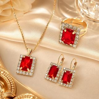 Set trang sức nữ đá đỏ ánh kim dáng chữ nhật, viền đá sang trọng Hồng Ngọc Ánh Kim