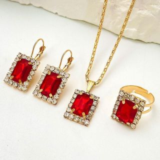Set trang sức nữ đá đỏ ánh kim dáng chữ nhật, viền đá sang trọng Hồng Ngọc Ánh Kim