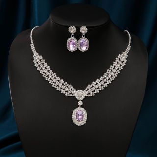 Set trang sức nữ đá tím lavender viền đá trắng sang trọng Set Hoàng Gia Lavender