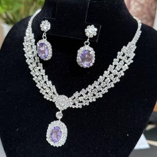 Set trang sức nữ đá tím lavender viền đá trắng sang trọng Set Hoàng Gia Lavender
