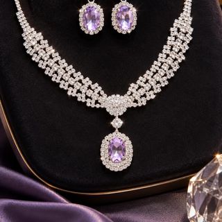 Set trang sức nữ đá tím lavender viền đá trắng sang trọng Set Hoàng Gia Lavender