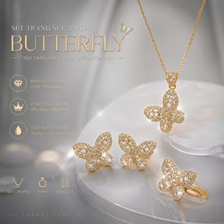 Set trang sức nữ hình bướm đính đá tone vàng sang trọng Set Butterfly Gold