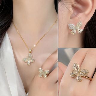 Set trang sức nữ hình bướm đính đá tone vàng sang trọng Set Butterfly Gold
