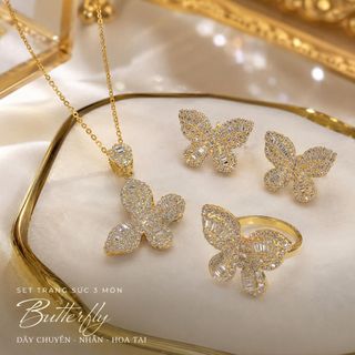 Set trang sức nữ hình bướm đính đá tone vàng sang trọng Set Butterfly Gold