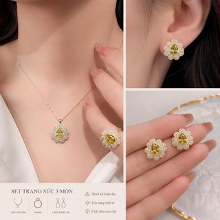 Set trang sức nữ đá giọt lệ ánh kim viền hoa sang trọng Set Ánh Kim Hoàng Gia